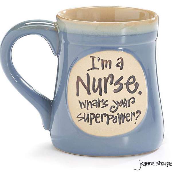 Blue ceramic mug with the text "I'm a Nurse. what's your superpower?"