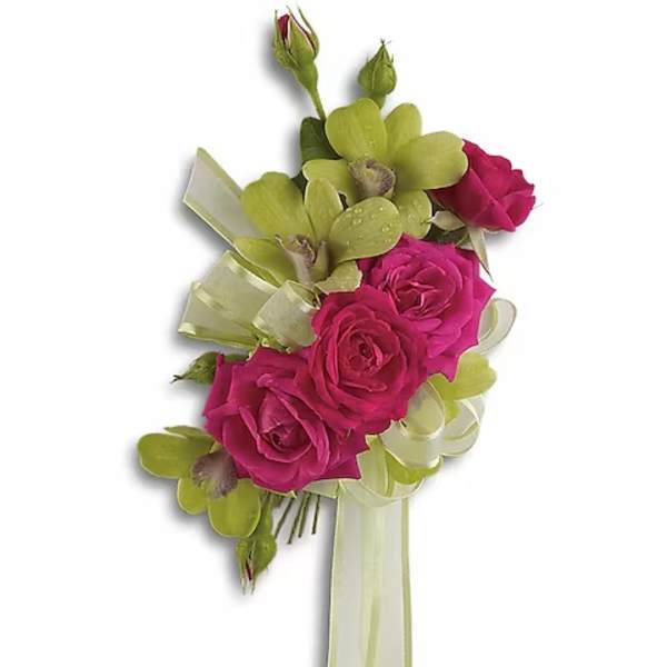 Pink rose corsage with green orchids and ribbon