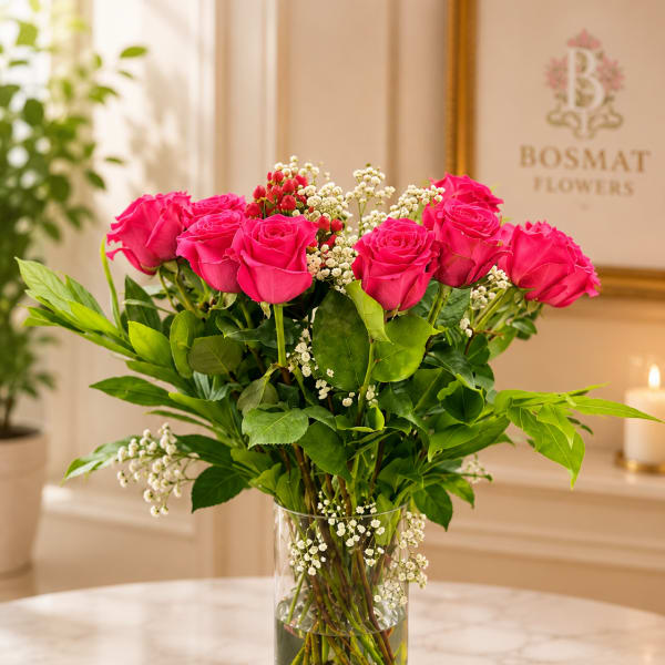 Dozen Long Stemmed Hot Pink Roses