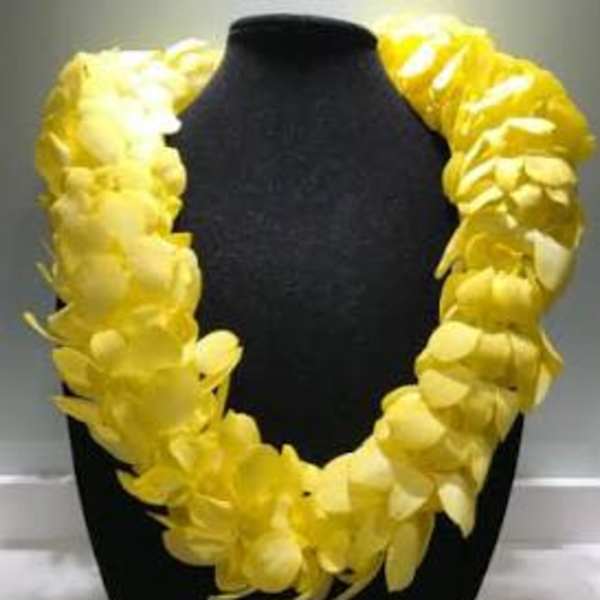 Yellow flower lei draped over a black bust display