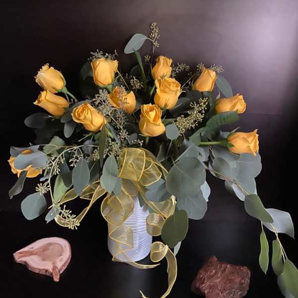 Stylish Yellow Dozen Roses in eucalyptus hug