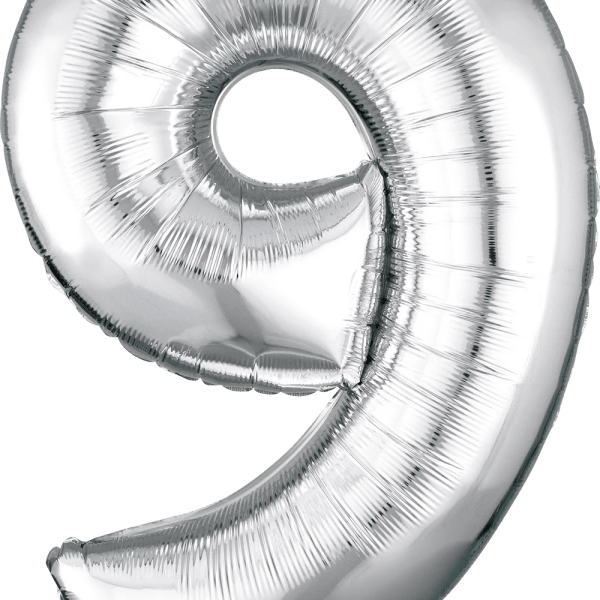 Silver foil balloon shaped like the number 9