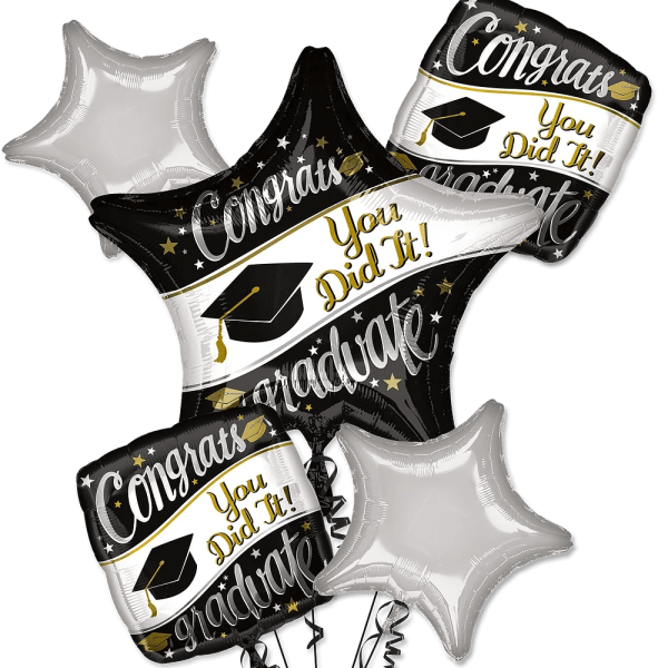 Graduation balloons with star shapes and congratulatory text