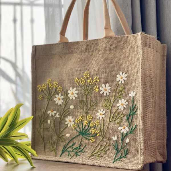 Burlap tote bag with embroidered white and yellow flowers
