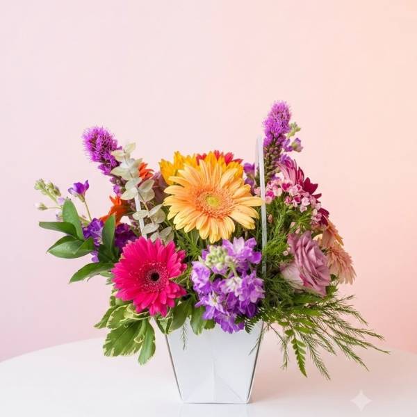 Colorful mixed flower arrangement in a white vase