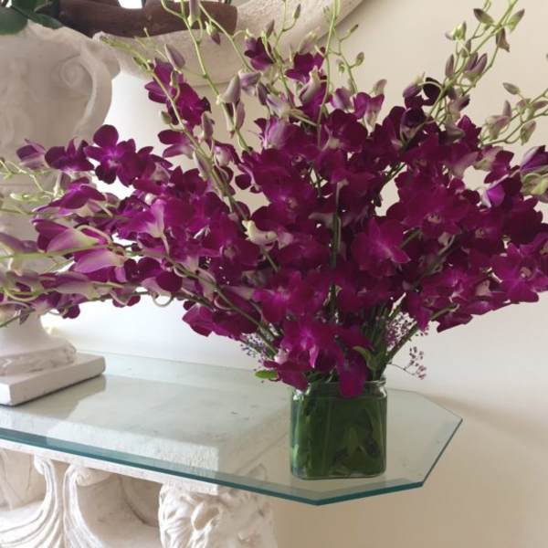 Spray of bright purple dendrobium orchids arranged in a low square glass vase.