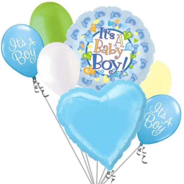 Cluster of blue baby shower balloons with a heart balloon and "It's A Boy" text