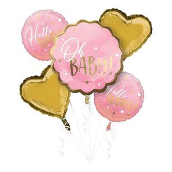 Pink and gold baby shower balloons with heart shapes