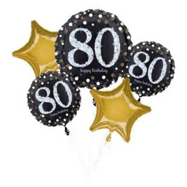 Cluster of 80th birthday balloons in black and gold