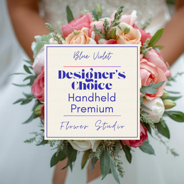 Handheld bouquet of pink and peach roses with greenery