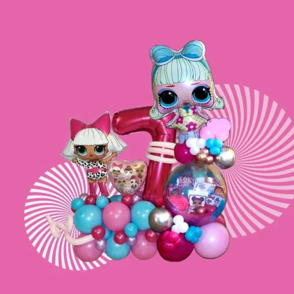Balloon display with two cartoon doll figures on a pink background