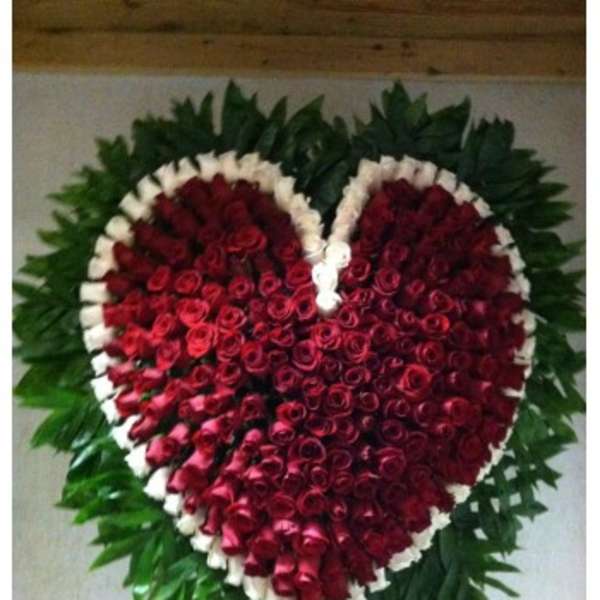 Heart-shaped red rose arrangement with white edging and green foliage