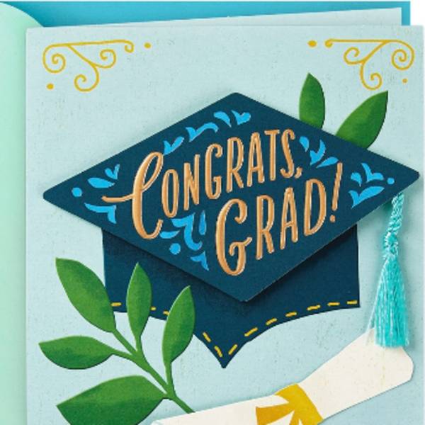 Graduation card with a diploma and cap reading "Congrats, Grad!"