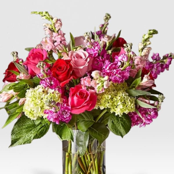 Tall arrangement of pink and red roses, pink snapdragons, and green hydrangeas in a glass vase