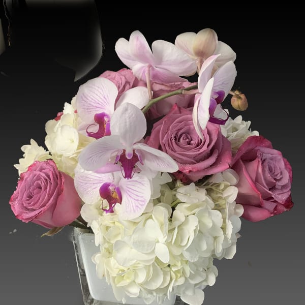 Pink roses and white orchids in a square glass vase with white hydrangeas