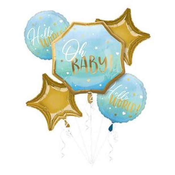 Blue and gold baby shower balloons with "Oh Baby" text