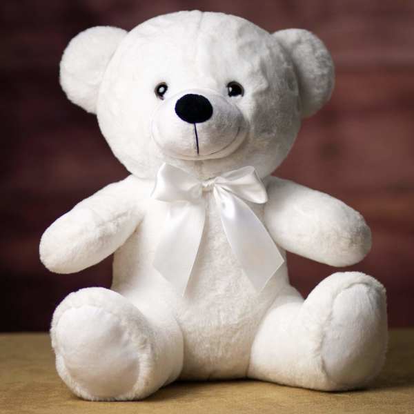 White teddy bear with a satin ribbon bow