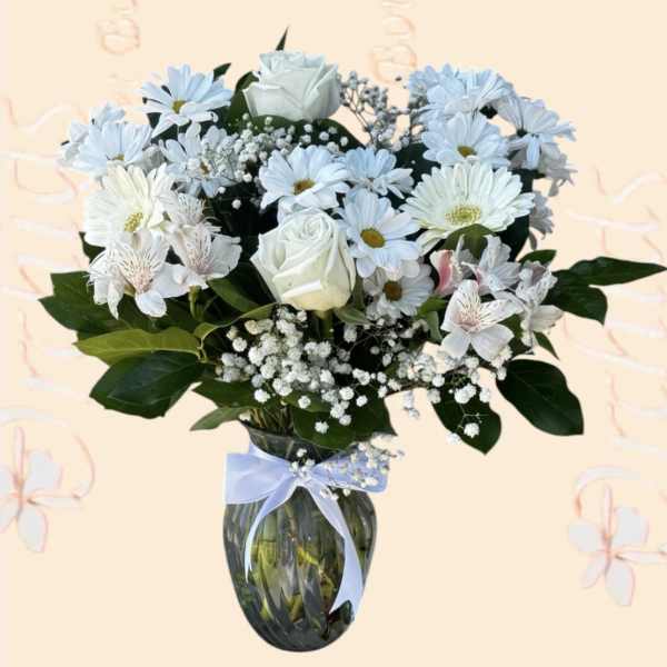 Brilliant White Roses Gerbera Daisy Bouquet | Same-Day Orange County Flower Delivery