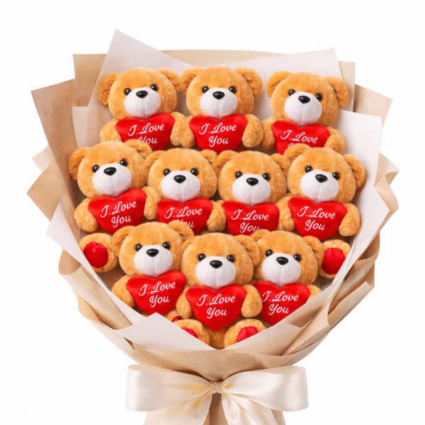 Bouquet of teddy bears holding red hearts in kraft paper wrap