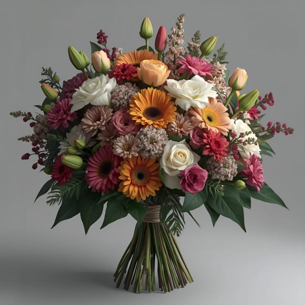 Mixed bouquet with gerbera daisies, roses, tulips, and lilies