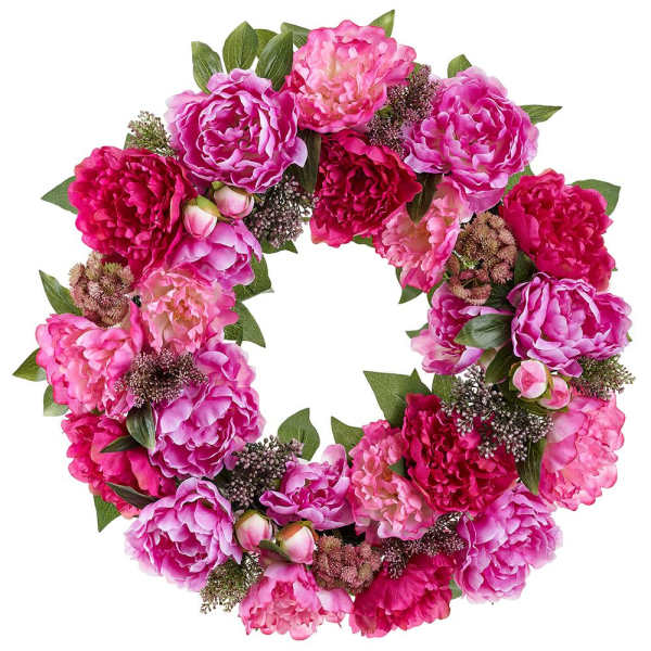Pink floral wreath with peony-like blooms and green leaves