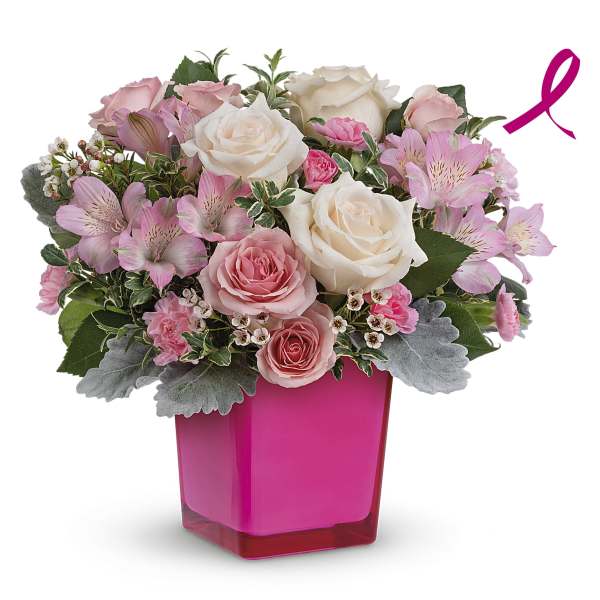 Pink and white rose bouquet in a bright pink vase with a ribbon icon