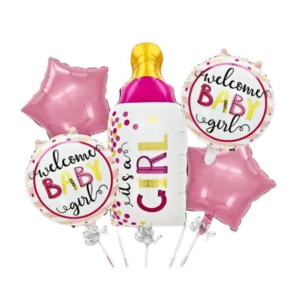 Pink baby shower balloons with a bottle and star shapes