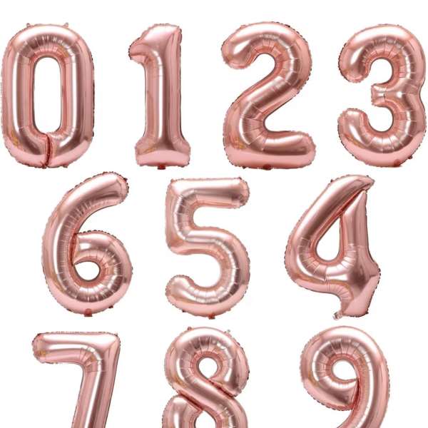 Rose gold number balloons from 0 to 9 on a white background