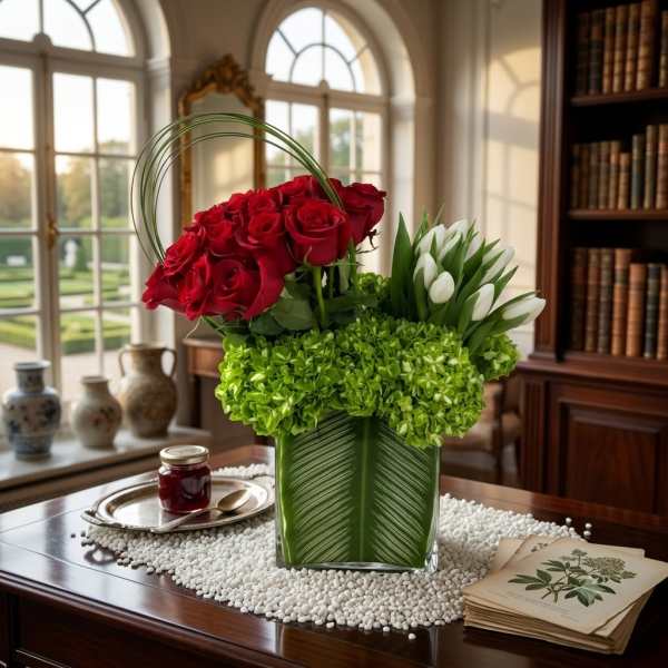 Red roses and white tulip buds in a green glass vase