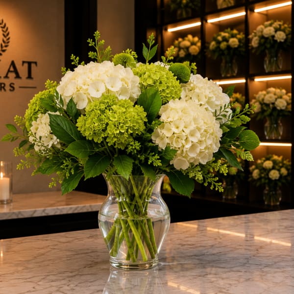 White and green hydrangea arrangement in a clear glass vase