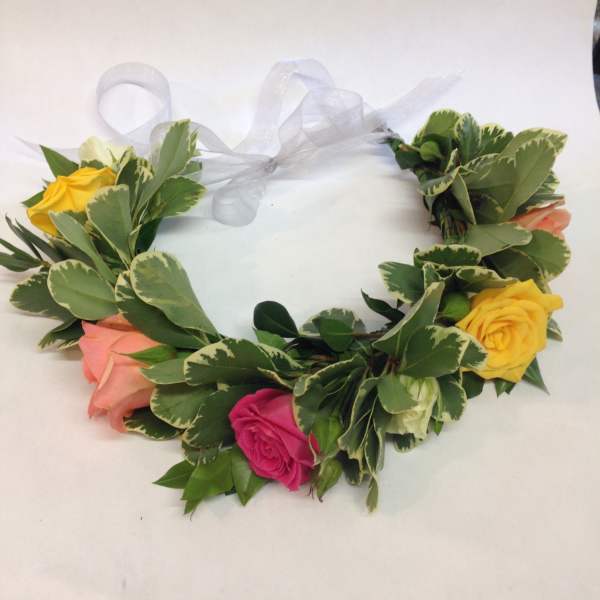 Floral crown with multicolored roses and sheer ribbon