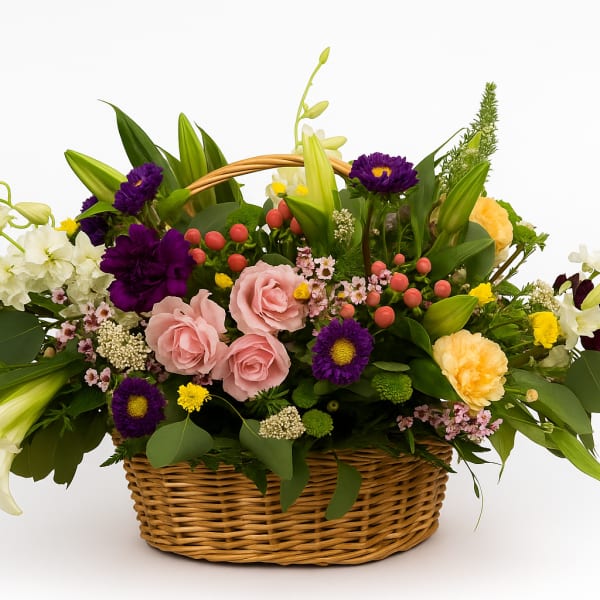Mixed flower basket with pink roses, lilies, and purple blooms
