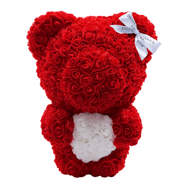 Red rose teddy bear with a white bow and heart accent