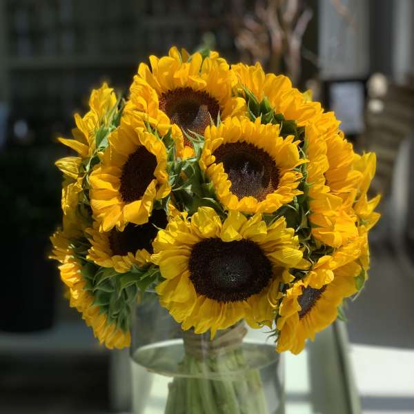 Bouquet of yellow sunflowers in a clear glass vase