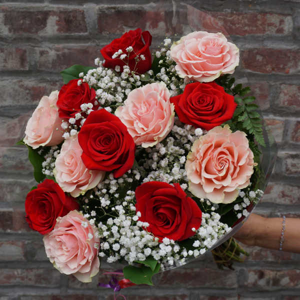 Bouquet of red and blush roses with baby's breath