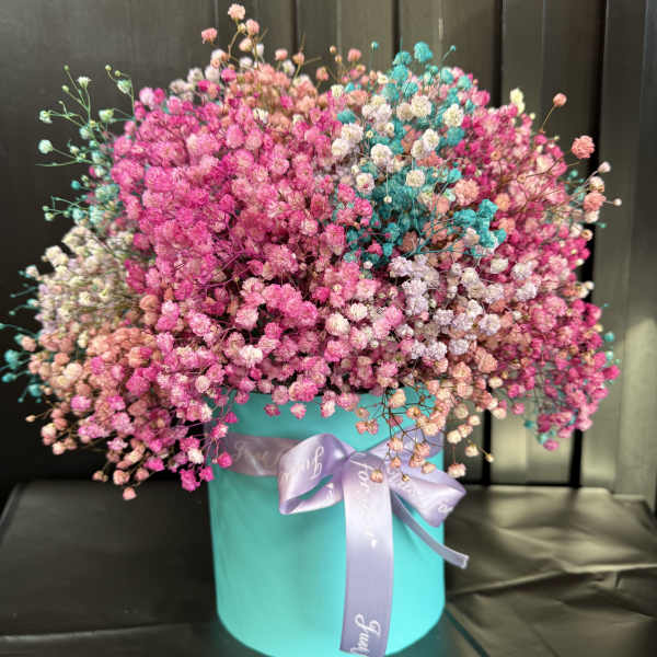 Pink and white baby's breath in a turquoise hatbox with a lavender ribbon
