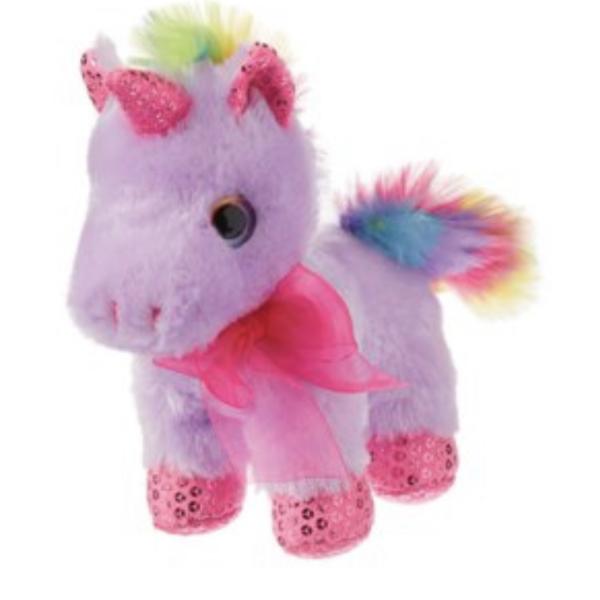 Plush unicorn toy with a pink ribbon and rainbow mane and tail
