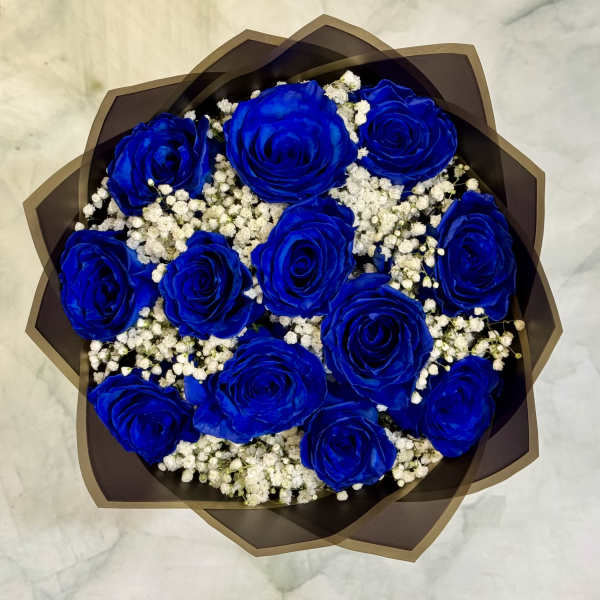 Bouquet of vivid blue roses with white baby's breath