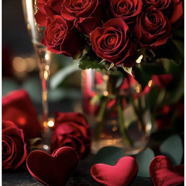 Red roses beside two champagne flutes with velvet hearts