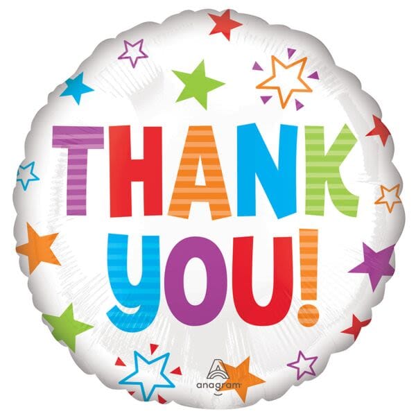 Round foil balloon with colorful "THANK YOU!" text and stars