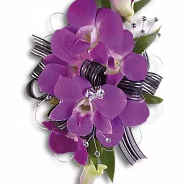 Purple orchid corsage with ribbon and rhinestone accents