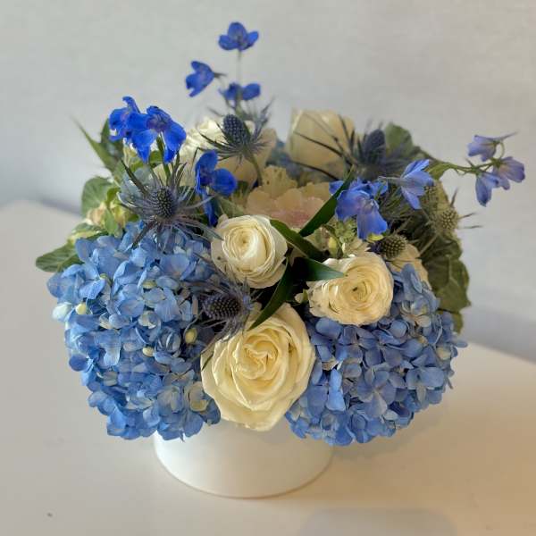 Blue hydrangeas and cream roses arranged in a white vase