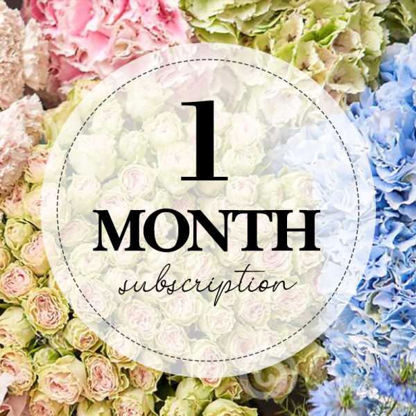 Colorful roses and hydrangeas behind a circle reading "1 month subscription"