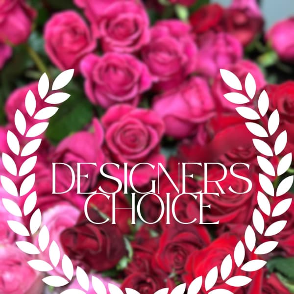 Pink and red roses with a "Designers Choice" overlay