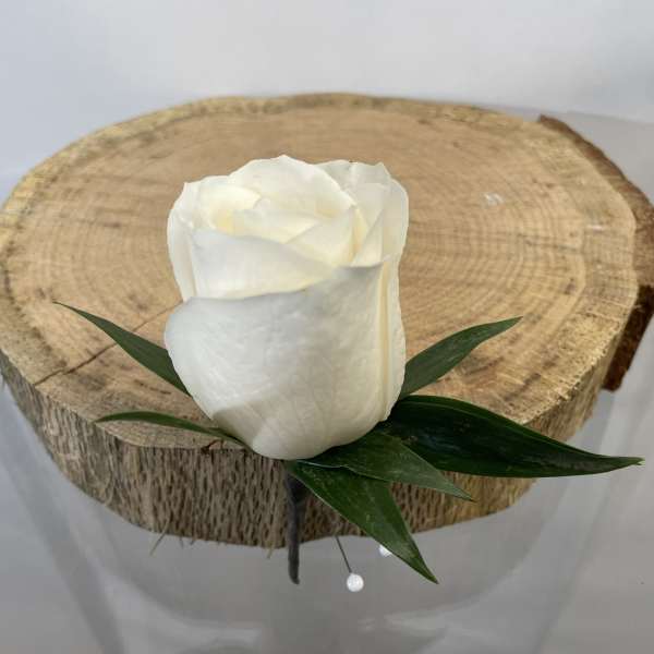 Single white rose with green leaves on a wood slice