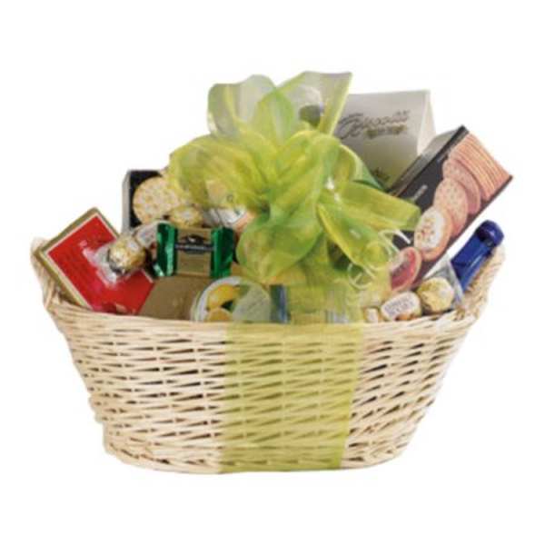 Gift basket with assorted chocolates and candies in a wicker basket