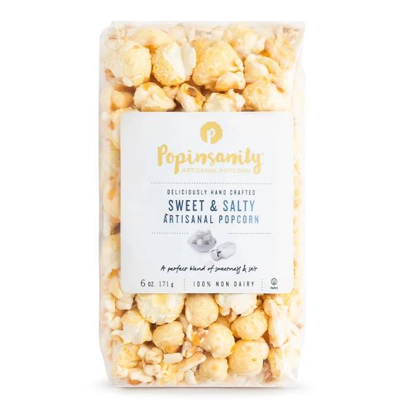 Bag of sweet and salty popcorn with a white label
