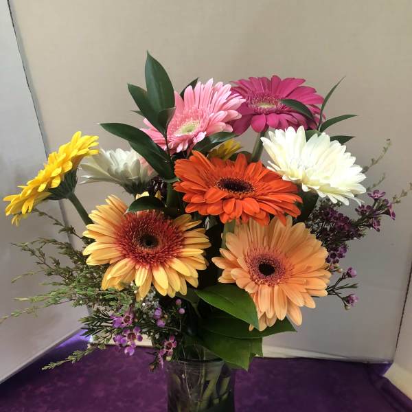 Mixed gerbera daisy bouquet in a glass vase