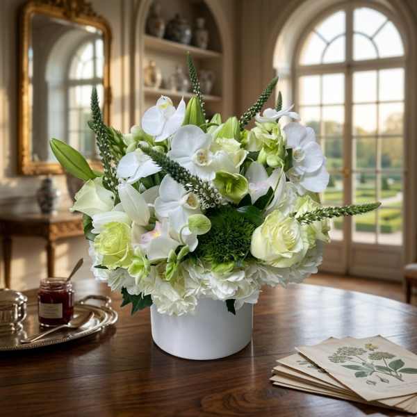 White and pale green floral arrangement in a white container on a table