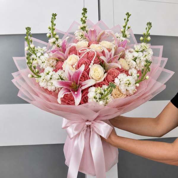 Pink and white bouquet of roses and lilies wrapped in pink paper